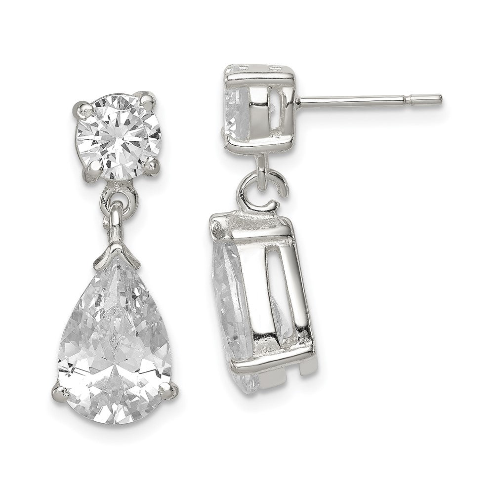 QE1058 Sterling Silver Polished CZ Pear Shaped Post Dangle Earrings
