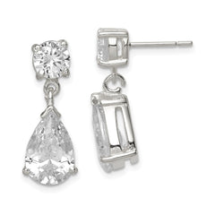 QE1058 Sterling Silver Polished CZ Pear Shaped Post Dangle Earrings