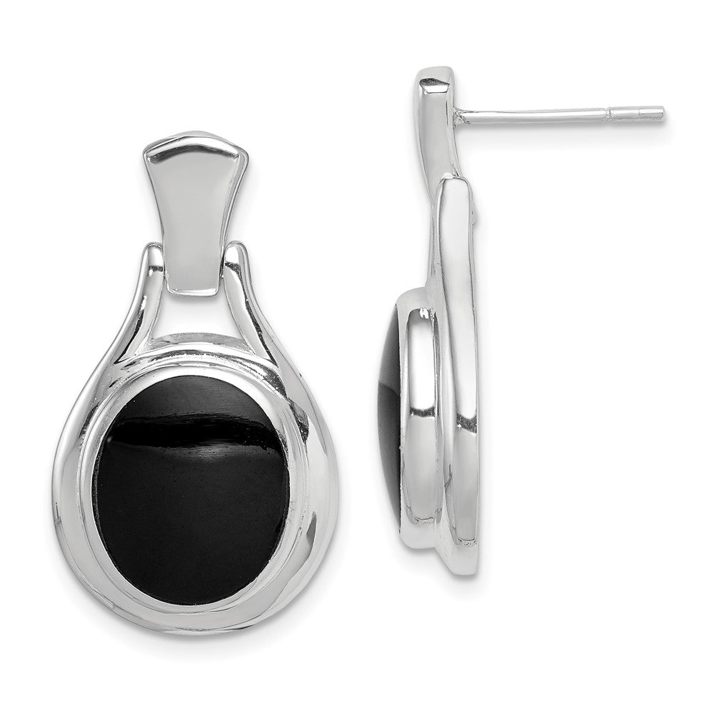 QE1075 Sterling Silver Rhodium-plated Polished Oval Onyx Post Dangle Earrings