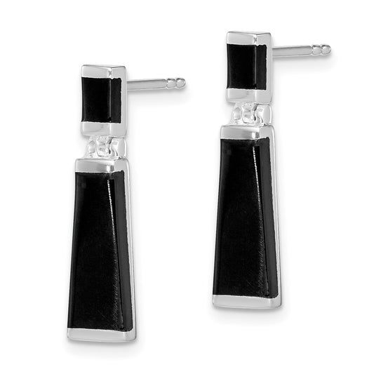 QE1077 Sterling Silver Rhodium-plated Polished Tapered Onyx Post Drop Earrings