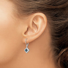 QE10782 White Night Sterling Silver Rhodium-plated White and Blue Diamond Dangle Leverback Earrings