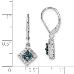 QE10782 White Night Sterling Silver Rhodium-plated White and Blue Diamond Dangle Leverback Earrings