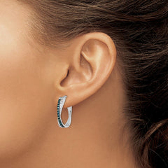 QE10783 White Night Sterling Silver Rhodium-plated White and Blue Diamond Hinged Hoop Earrings