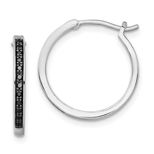 QE10925 White Night Sterling Silver Rhodium-plated Black Diamond Hoop Earrings
