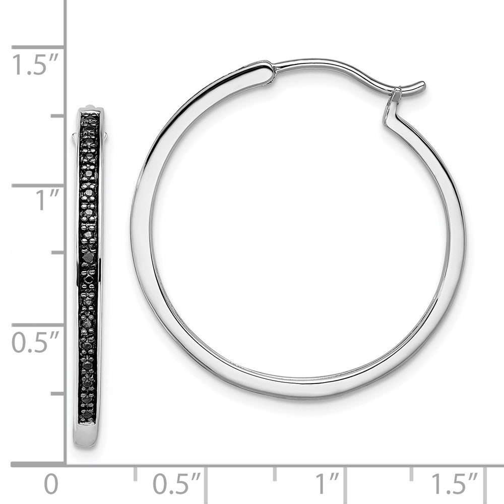 QE10926 White Night Sterling Silver Rhodium-plated Black Diamond Hoop Earrings
