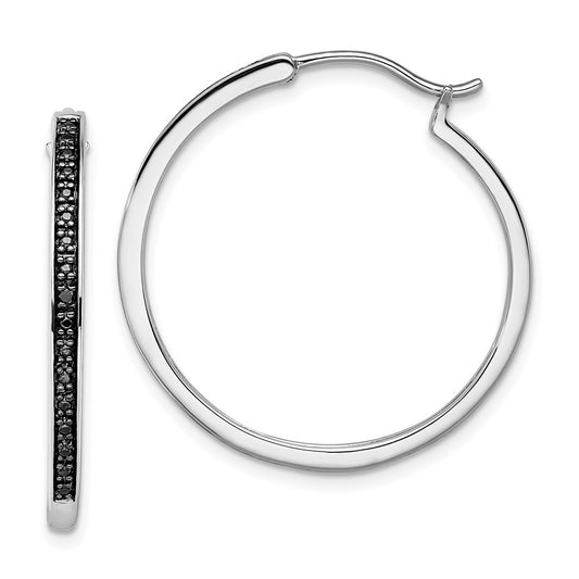 QE10926 White Night Sterling Silver Rhodium-plated Black Diamond Hoop Earrings