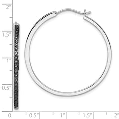 QE10927 White Night Sterling Silver Rhodium-plated Black Diamond Hoop Earrings
