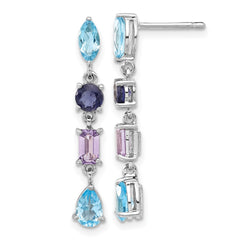 QE10975X Sterling Silver Rhodium Amethyst Blue Topaz and Iolite Dangle Earrings