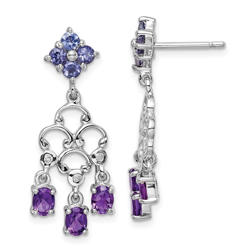 QE10977X Sterling Silver RH Plated Amethyst Iolite and Diamond Dangle Earrings
