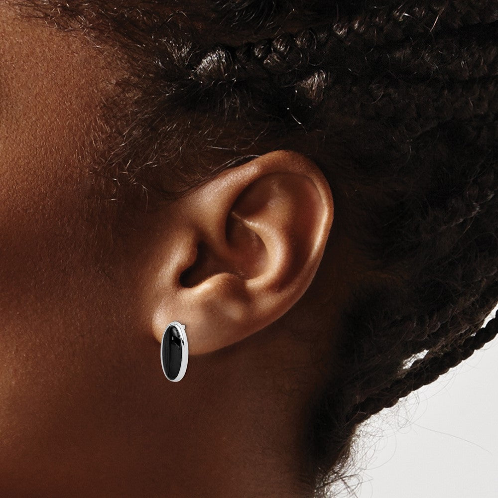 QE1101 Sterling Silver Rhodium-plated Polished Oval Onyx Post Drop Earrings