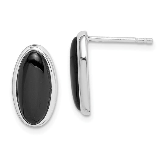 QE1101 Sterling Silver Rhodium-plated Polished Oval Onyx Post Drop Earrings
