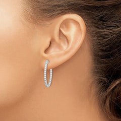 QE11069 Sterling Shimmer Sterling Silver Rhodium-plated 54 Stone 1.7mm CZ In and Out Oval Hinged Hoop Earrings