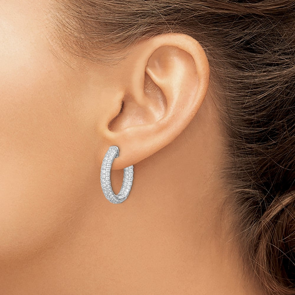 QE11076 Sterling Shimmer Sterling Silver Rhodium-plated 148 Stone Pav�� 1.7mm CZ In and Out Round Hinged Hoop Earrings