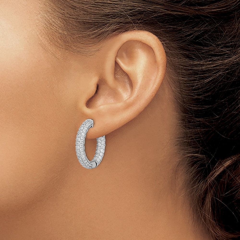 QE11077 Sterling Shimmer Sterling Silver Rhodium-plated 136 Stone Pav�� 2.0mm CZ In and Out Round Hinged Hoop Earrings
