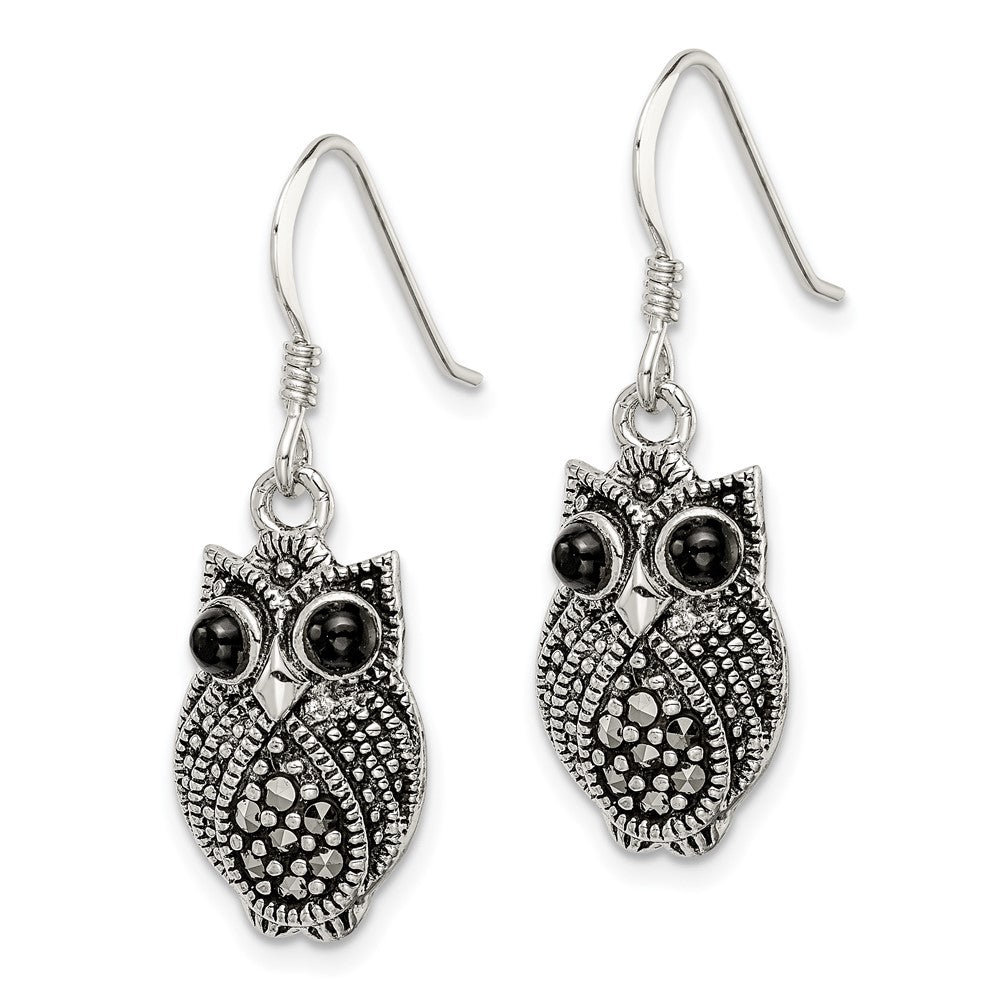 QE11125 Sterling Silver Antiqued Marcasite/Blk Agate Owl Shepherd Hook Earrings