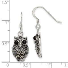 QE11125 Sterling Silver Antiqued Marcasite/Blk Agate Owl Shepherd Hook Earrings