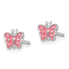 QE11241 Sterling Silver Rhodium-plated Polished Pink Enameled Butterfly Children's Post Earrings