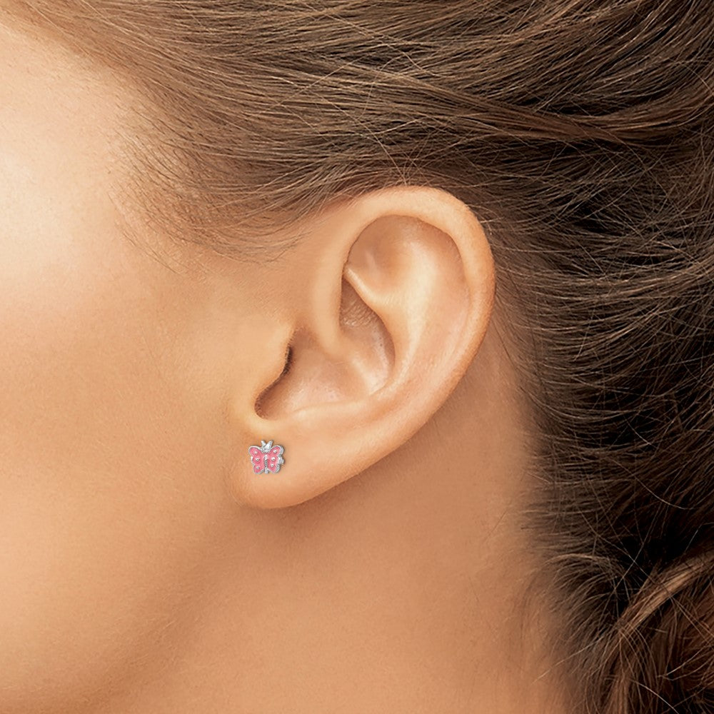QE11241 Sterling Silver Rhodium-plated Polished Pink Enameled Butterfly Children's Post Earrings