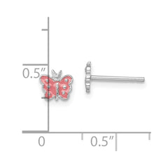 QE11241 Sterling Silver Rhodium-plated Polished Pink Enameled Butterfly Children's Post Earrings