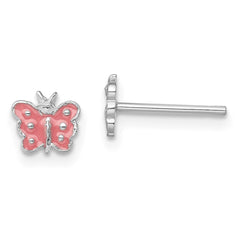 QE11241 Sterling Silver Rhodium-plated Polished Pink Enameled Butterfly Children's Post Earrings