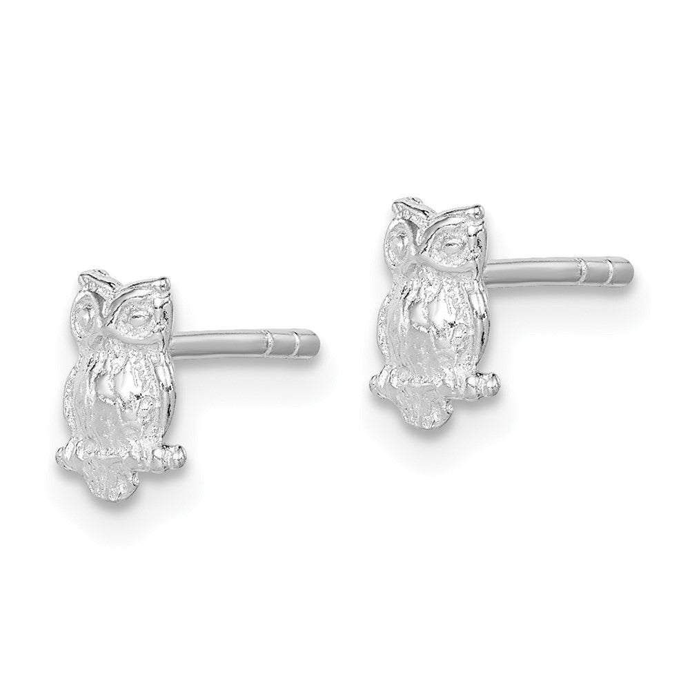 QE11249 Sterling Silver Rhodium-plated Polished & Textured Owl Post Earrings