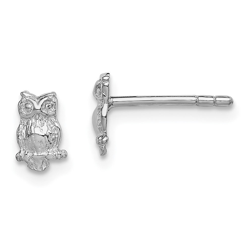 QE11249 Sterling Silver Rhodium-plated Polished & Textured Owl Post Earrings