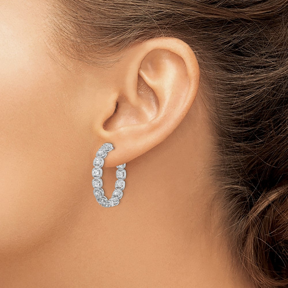 QE11264 Sterling Shimmer Sterling Silver Rhodium-plated 26 Stone 3mm CZ In and Out Round Hinged Hoop Earrings
