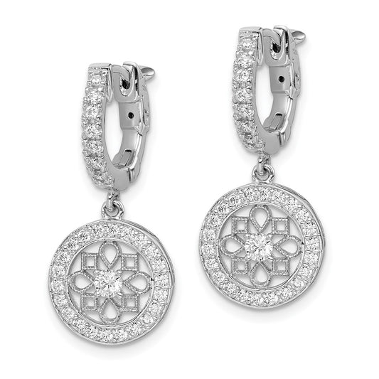 QE11277 Sterling Shimmer Sterling Silver Rhodium-plated 60 Stone CZ Fancy Dangle Hinged Hoop Earrings