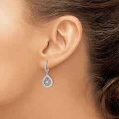 QE11278 Sterling Shimmer Sterling Silver Rhodium-plated 64 Stone CZ Teardrop Dangle Hinged Hoop Earrings
