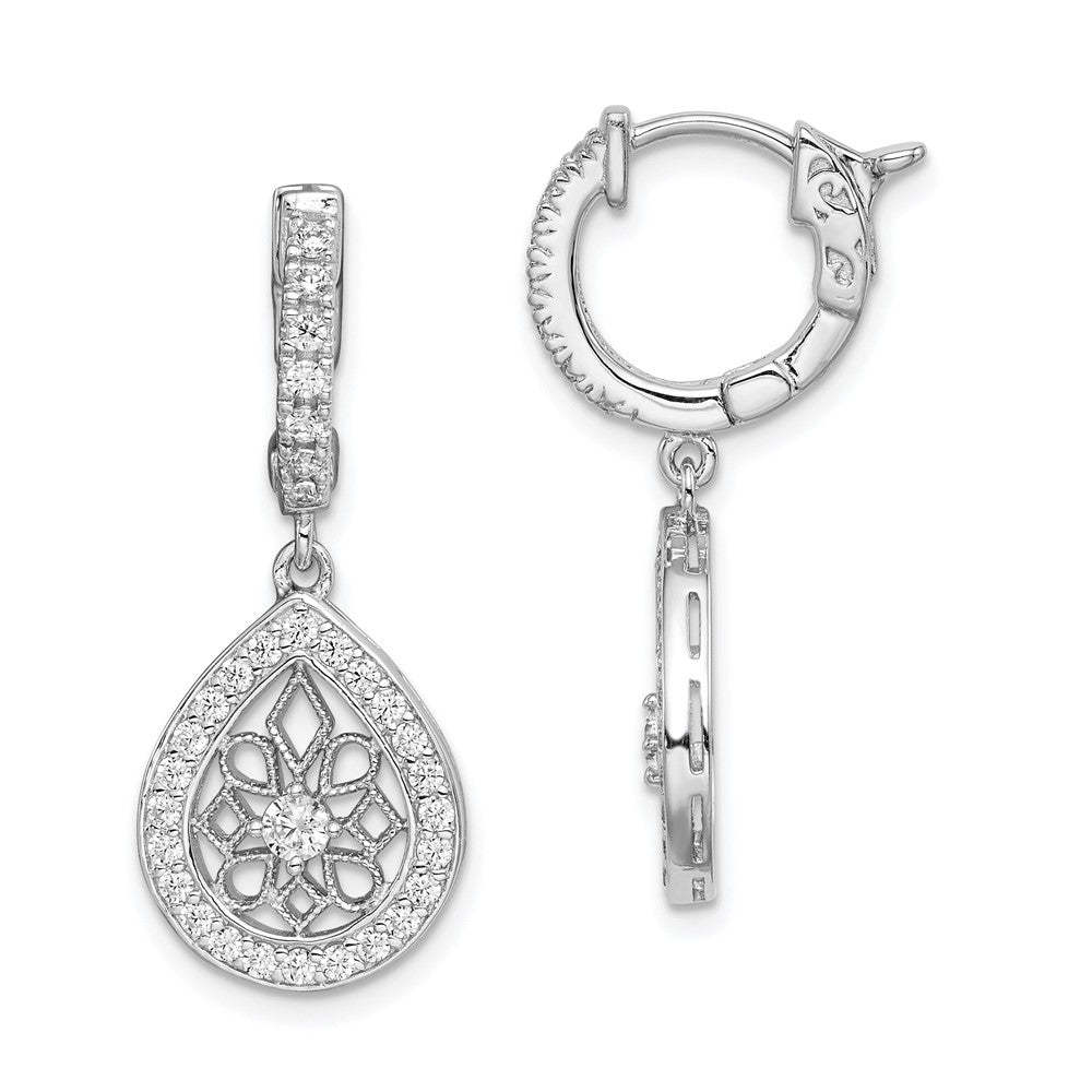 QE11278 Sterling Shimmer Sterling Silver Rhodium-plated 64 Stone CZ Teardrop Dangle Hinged Hoop Earrings