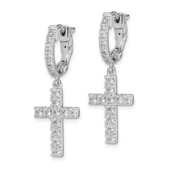 QE11280 Sterling Shimmer Sterling Silver Rhodium-plated 36 Stone CZ Cross Dangle Hinged Hoop Earrings