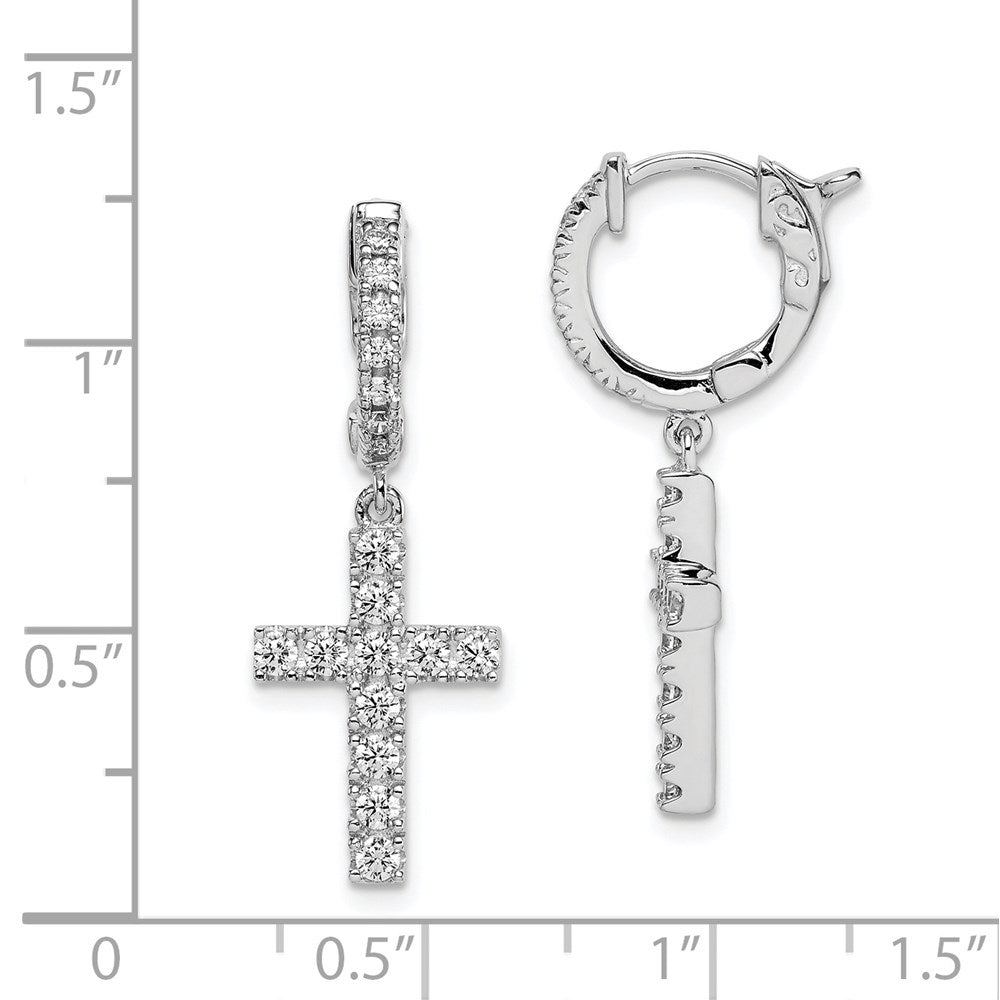 QE11280 Sterling Shimmer Sterling Silver Rhodium-plated 36 Stone CZ Cross Dangle Hinged Hoop Earrings