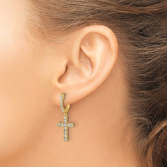 QE11280Y Sterling Shimmer Sterling Silver Gold-tone Flash Gold-plated CZ 38 Stone Cross Hinged Hoop Earrings