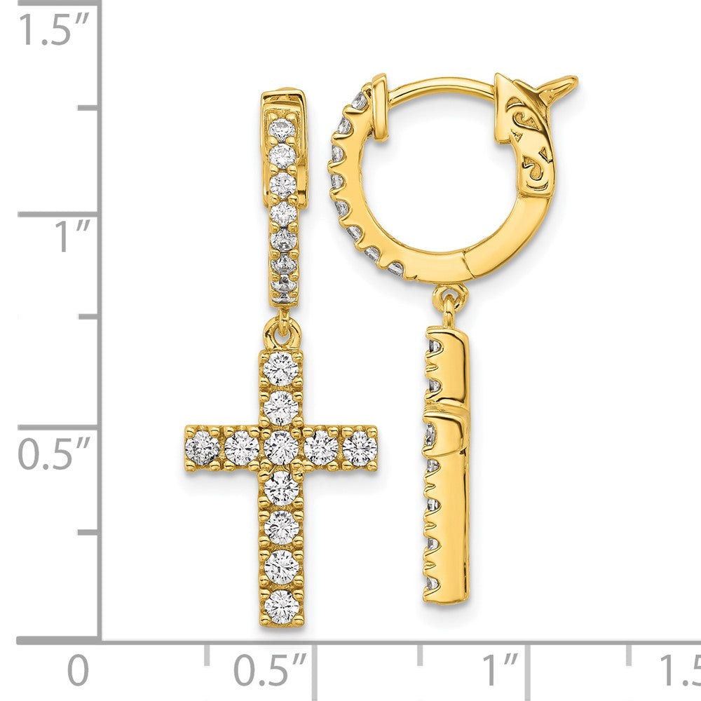 QE11280Y Sterling Shimmer Sterling Silver Gold-tone Flash Gold-plated CZ 38 Stone Cross Hinged Hoop Earrings