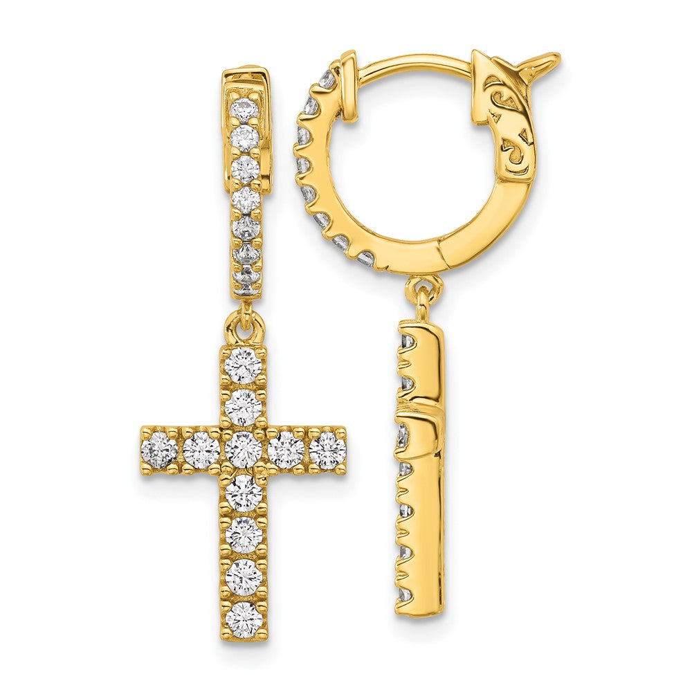 QE11280Y Sterling Shimmer Sterling Silver Gold-tone Flash Gold-plated CZ 38 Stone Cross Hinged Hoop Earrings