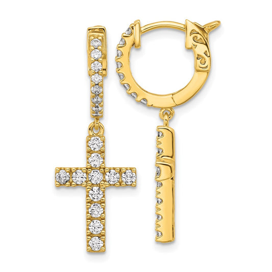 QE11280Y Sterling Shimmer Sterling Silver Gold-tone Flash Gold-plated CZ 38 Stone Cross Hinged Hoop Earrings