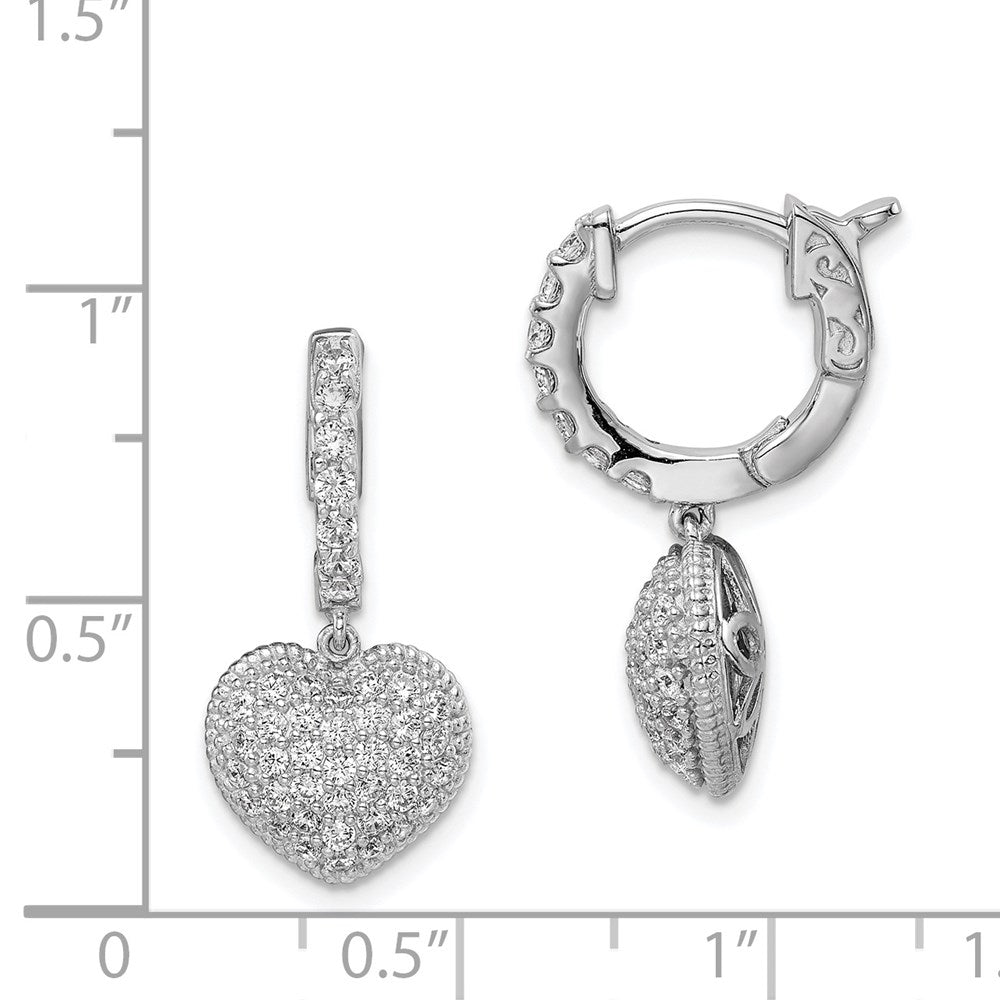 QE11291 Sterling Shimmer Sterling Silver Rhodium-plated 86 Stone CZ Pav������ Heart Dangle Hinged Hoop Earrings