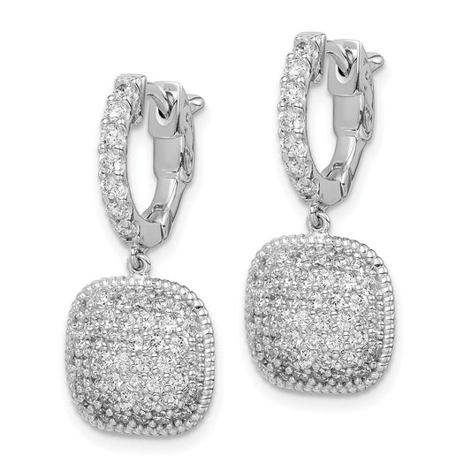 QE11292 Sterling Shimmer Sterling Silver Rhodium-plated 88 Stone CZ Pav������ Square Dangle Hinged Hoop Earrings