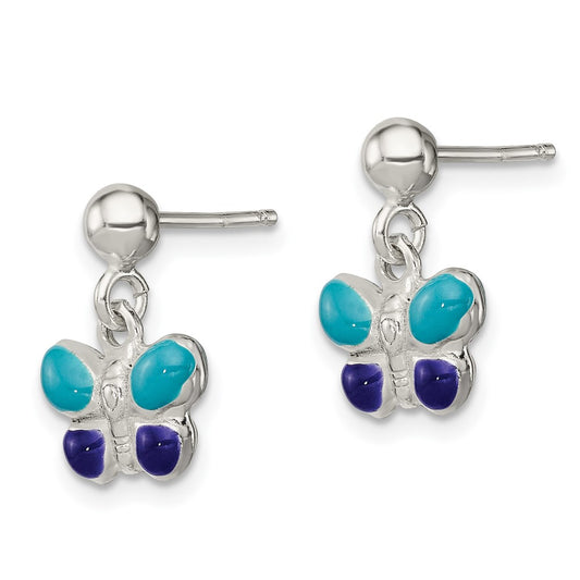 QE11304 Sterling Silver Polished Blue & Purple Enameled Butterfly Children's Post Dangle Earrings