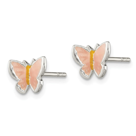 QE11310 Sterling Silver Polished Pink & Orange Enameled Butterfly Children's Post Earrings
