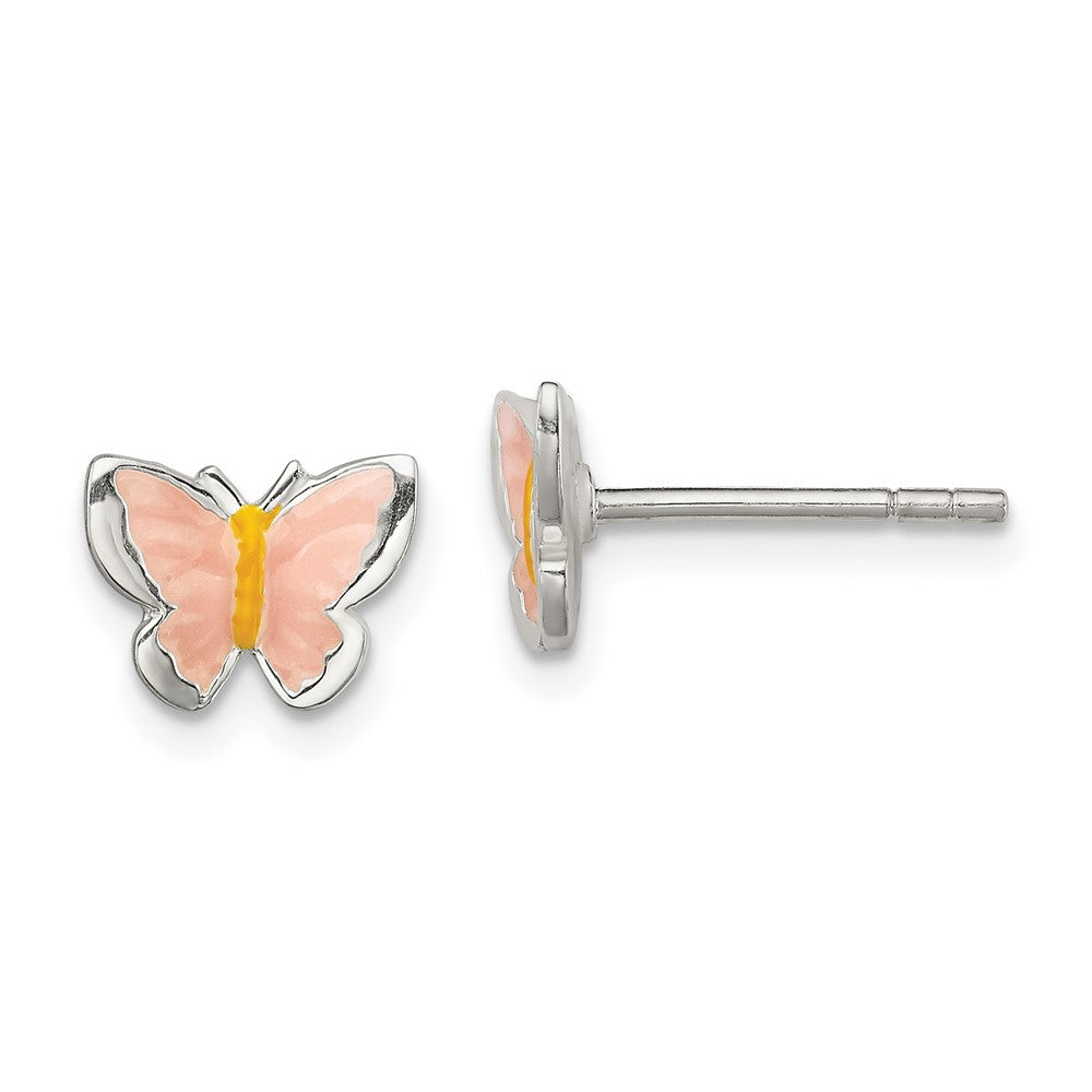 QE11310 Sterling Silver Polished Pink & Orange Enameled Butterfly Children's Post Earrings