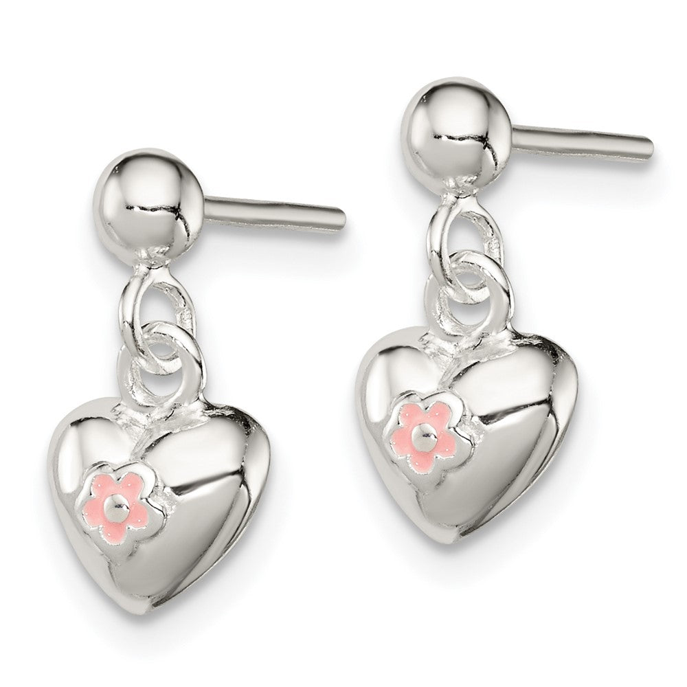 QE11319 Sterling Silver Polished Pink Enamel Flower Heart Children's Post Dangle Earrings
