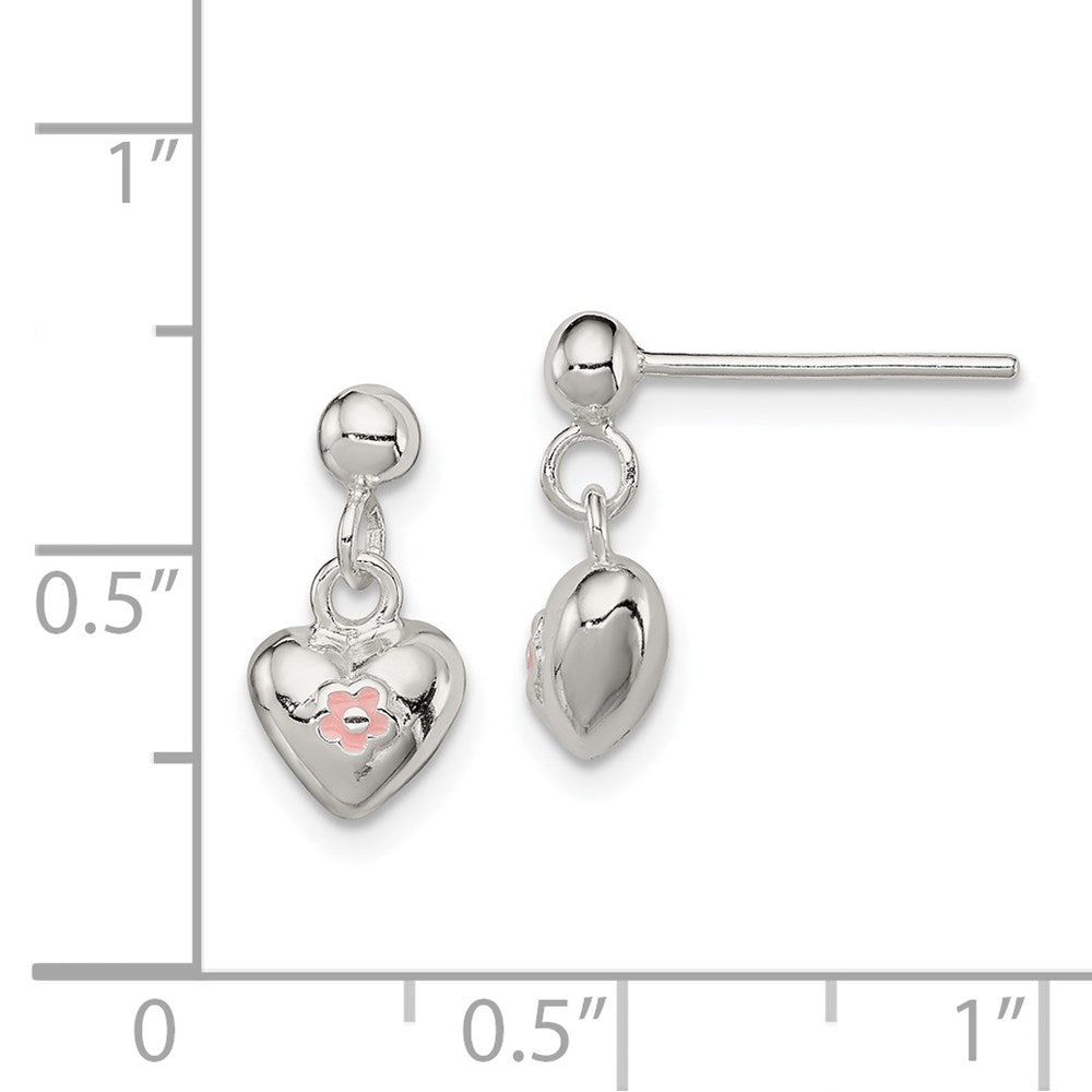 QE11319 Sterling Silver Polished Pink Enamel Flower Heart Children's Post Dangle Earrings