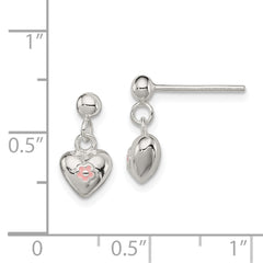 QE11319 Sterling Silver Polished Pink Enamel Flower Heart Children's Post Dangle Earrings