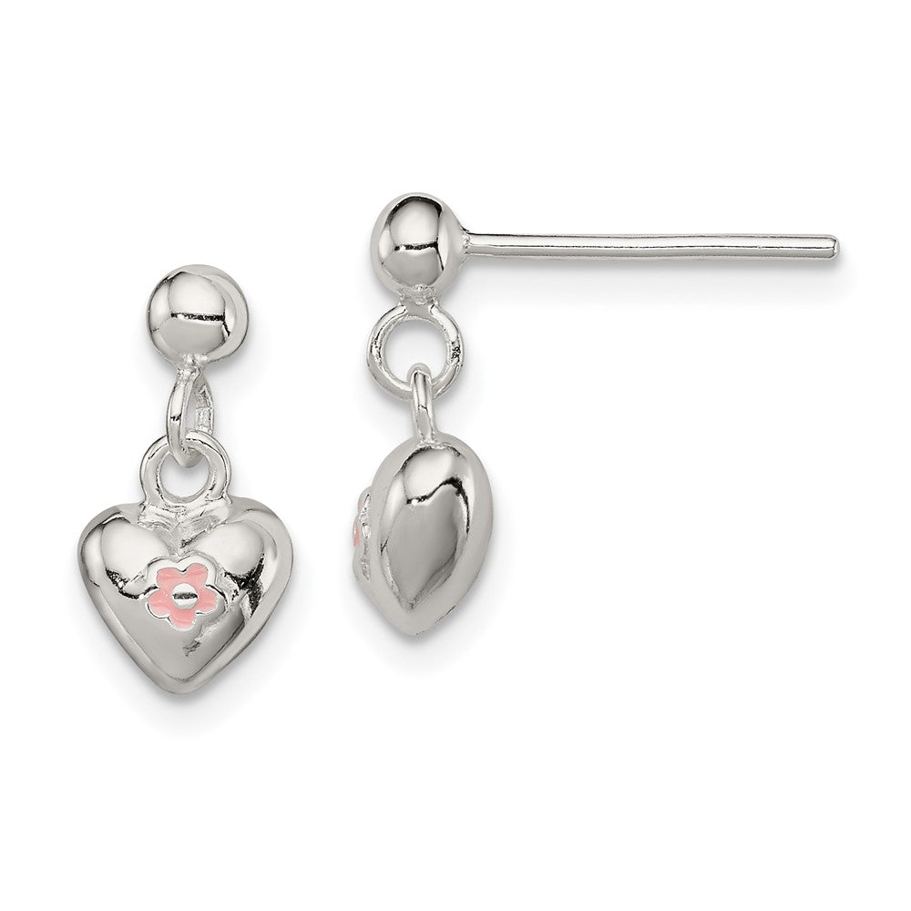 QE11319 Sterling Silver Polished Pink Enamel Flower Heart Children's Post Dangle Earrings