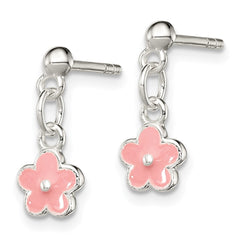 QE11323 Sterling Silver Polished Pink Enameled Flower Children's Post Dangle Earrings