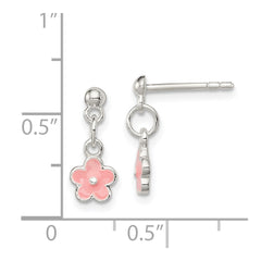 QE11323 Sterling Silver Polished Pink Enameled Flower Children's Post Dangle Earrings