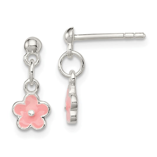 QE11323 Sterling Silver Polished Pink Enameled Flower Children's Post Dangle Earrings