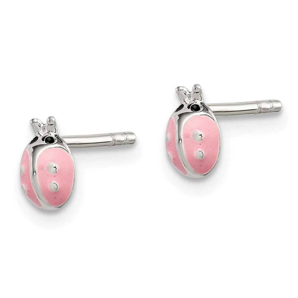 QE11328 Sterling Silver Polished Pink Enamel Ladybug Children's Post Earrings
