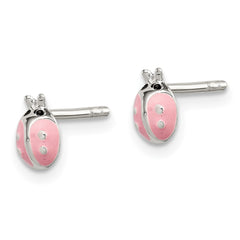 QE11328 Sterling Silver Polished Pink Enamel Ladybug Children's Post Earrings